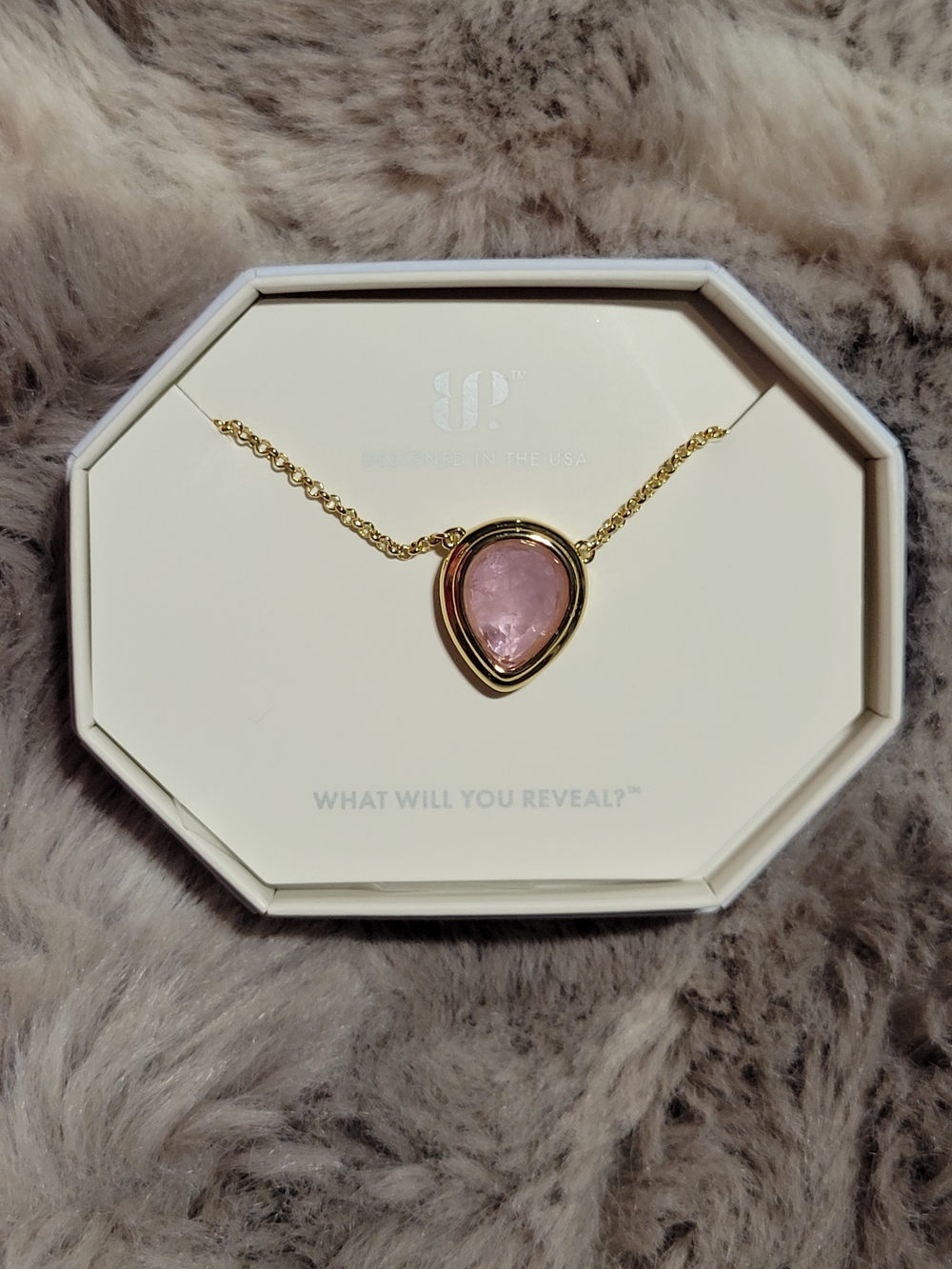 Gold Teardrop Necklace with Pink Stone